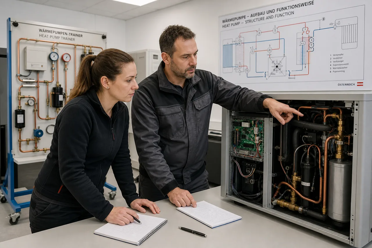 Eine Fachkraft und ein Trainer betrachten bei einer Weiterbildung eine geöffnete Wärmepumpe und ein Funktionsschema – Qualifizierung als Chance für Fachkräfte im Installateurhandwerk.