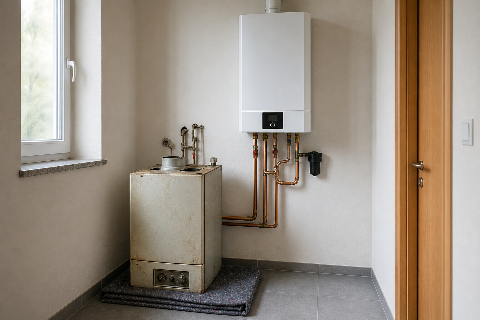 Alte, demontierte Gastherme am Boden neben der neuen, bereits an der Wand montierten kompakten Brennwerttherme im Vorraum.