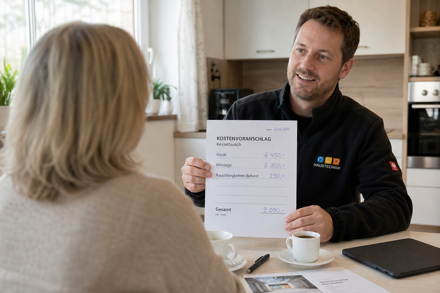 Hauseigentümerin und Installateur sitzen am Tisch und besprechen gemeinsam den handschriftlich ausgefüllten Kostenvoranschlag für den Thermentausch.