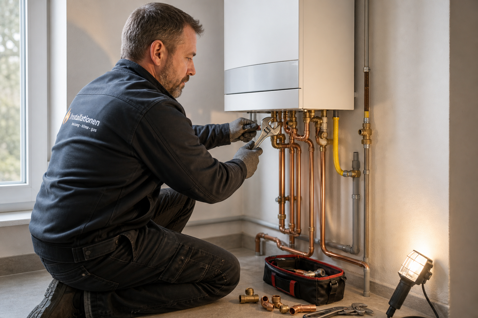 Installateur montiert eine neue Gasbrennwerttherme an der Wand und schließt die Kupferleitungen darunter an.