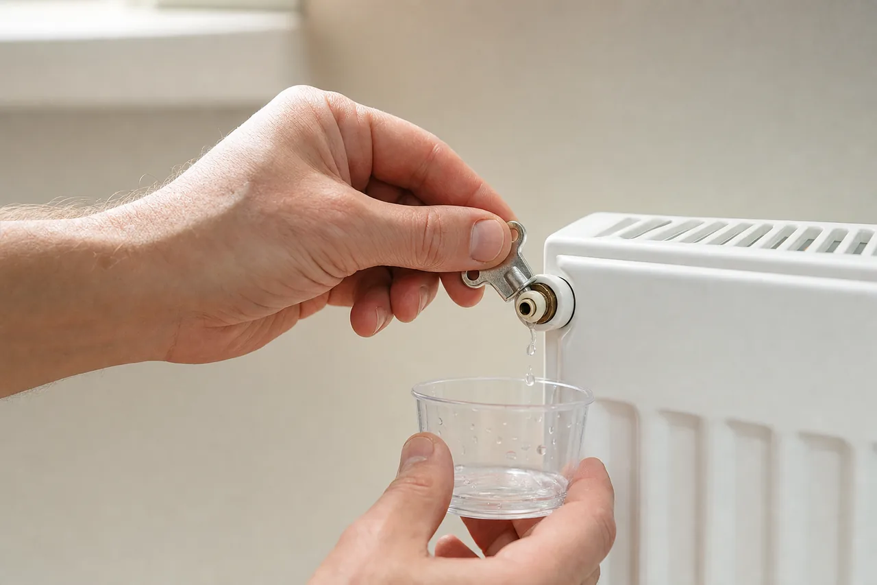 Nahaufnahme, wie zwei Hände mit einem Entlüftungsschlüssel das Ventil eines Heizkörpers öffnen und das austretende Wasser in einem Glas auffangen.