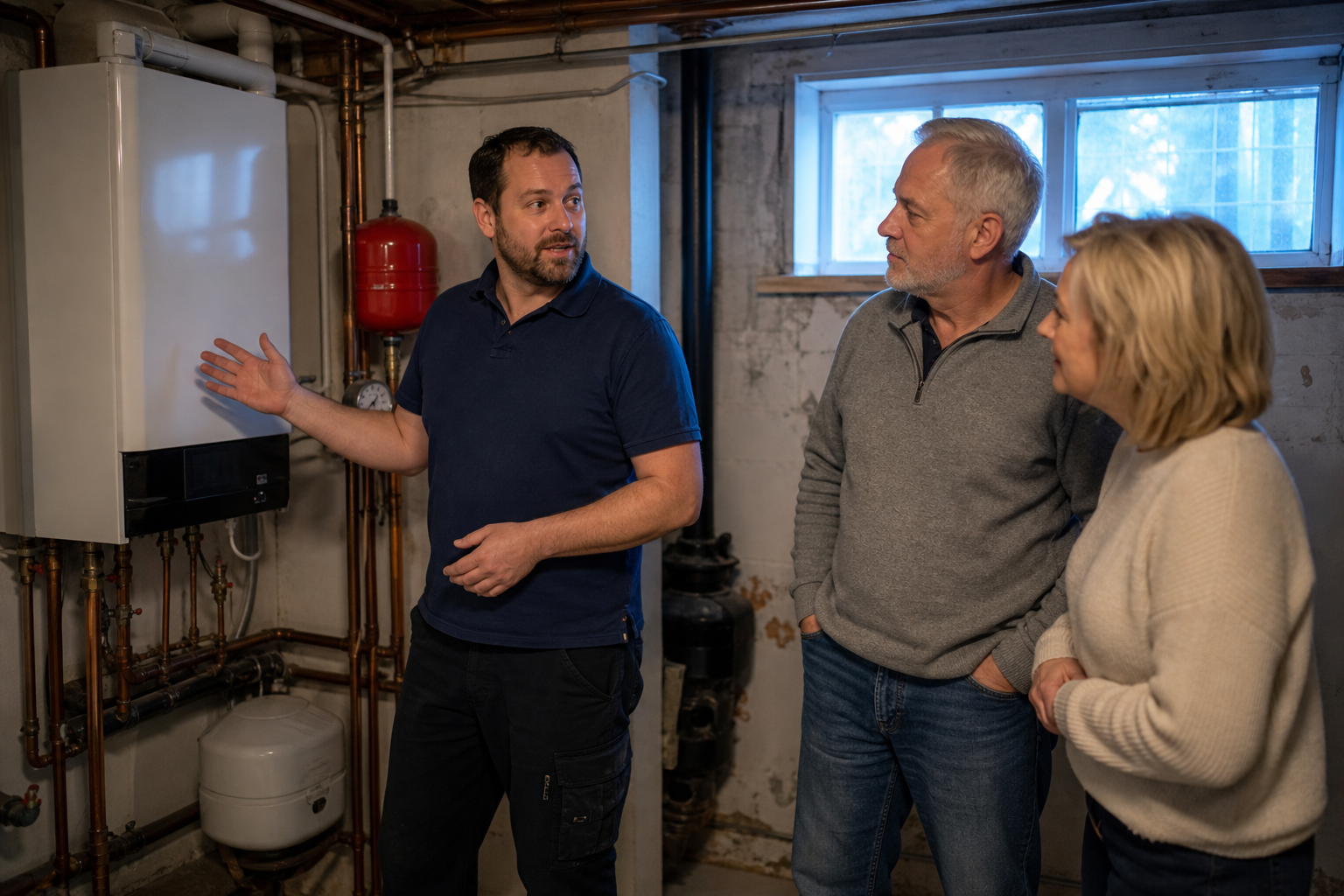 Installateur erklärt einem Ehepaar im Heizraum die Auswahl des neuen Heizsystems anhand der Wärmepumpen-Inneneinheit.